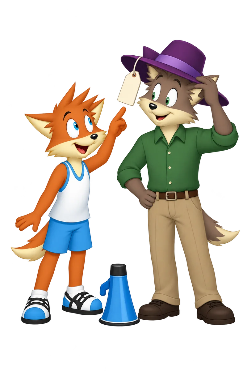 An orange character quietly points out the large price tag on a friend’s purple hat while a megaphone stands unused.