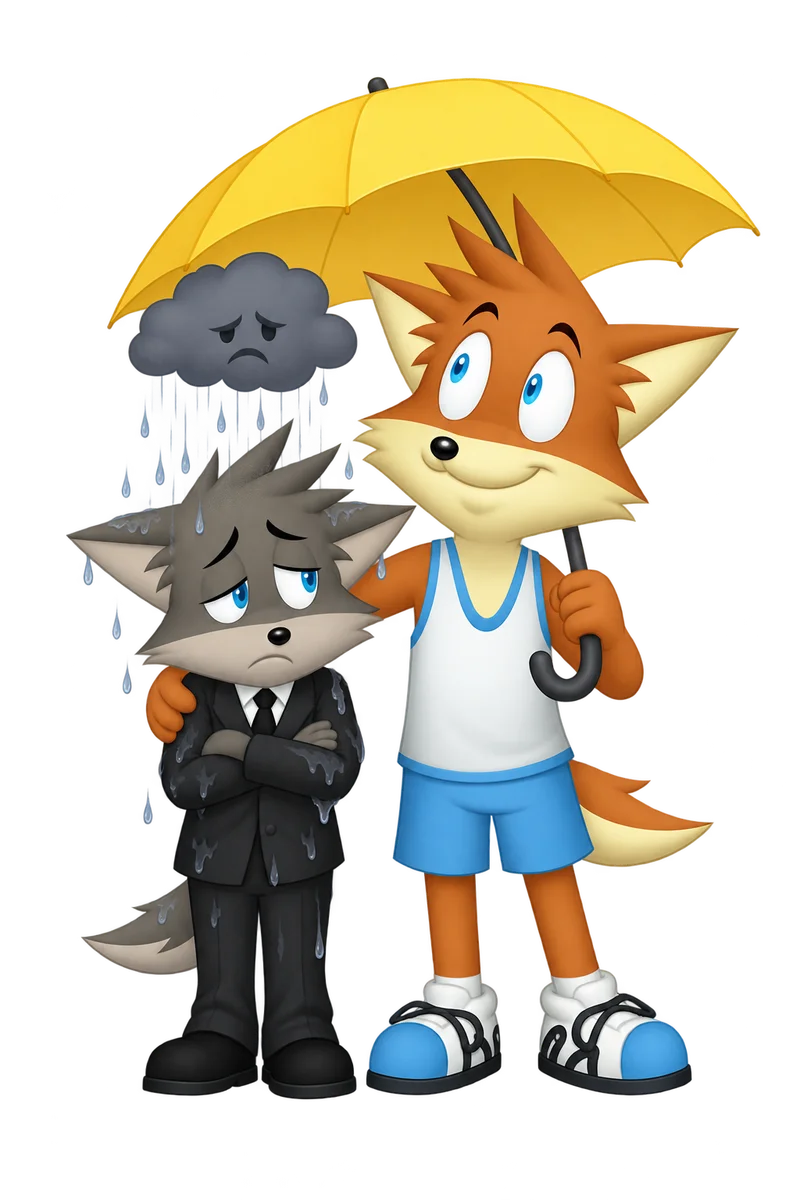 An orange character shares an umbrella with a sad gray companion beneath a tiny stubborn raincloud.