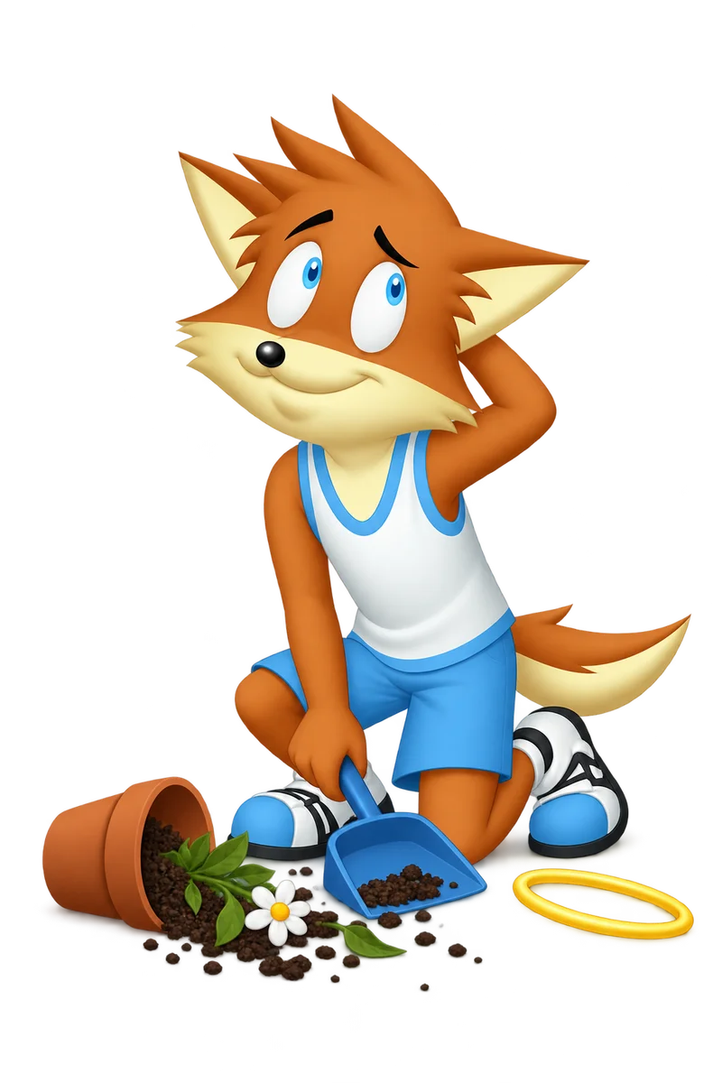 An orange character prepares to clean up a flowerpot they knocked over, setting a pretend halo aside.