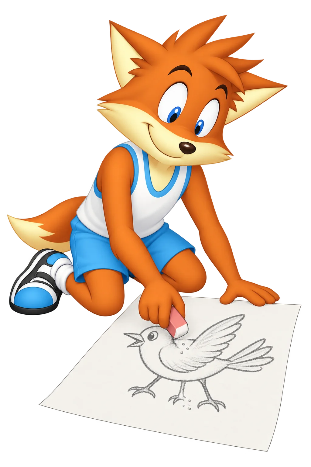 An orange adult uses an eraser on a bird drawing with three penciled legs.