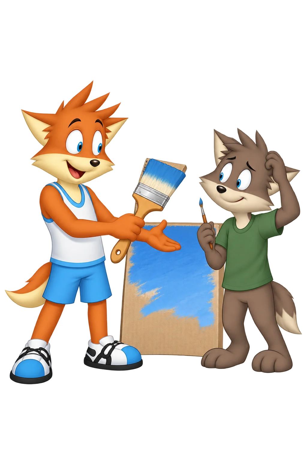 An orange adult offers a broad brush to a grey-brown adult holding a tiny brush beside a partly painted blue backdrop.