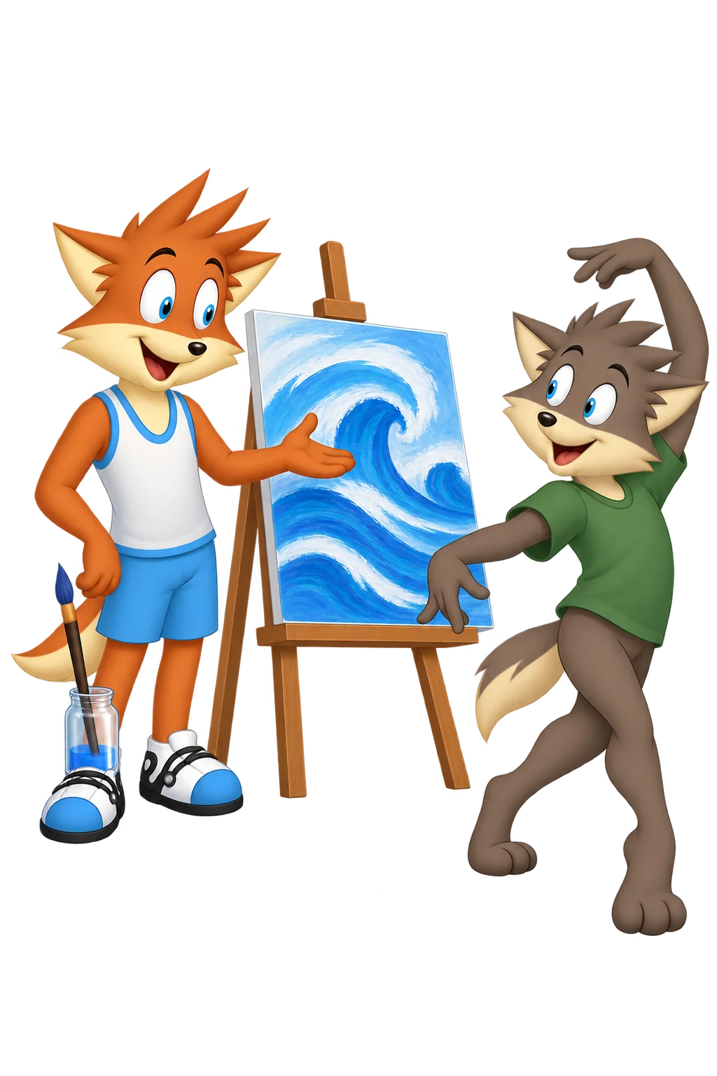 An orange painter gestures toward blue waves on an easel while a grey-brown viewer makes a dancing pose.