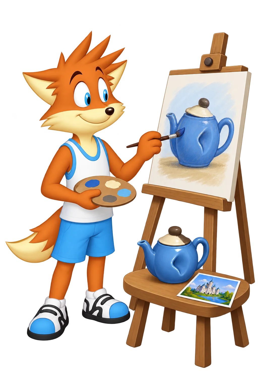 An orange adult paints a blue teapot with a dent and an ivory lid; the real pot and a castle postcard rest on a stool.