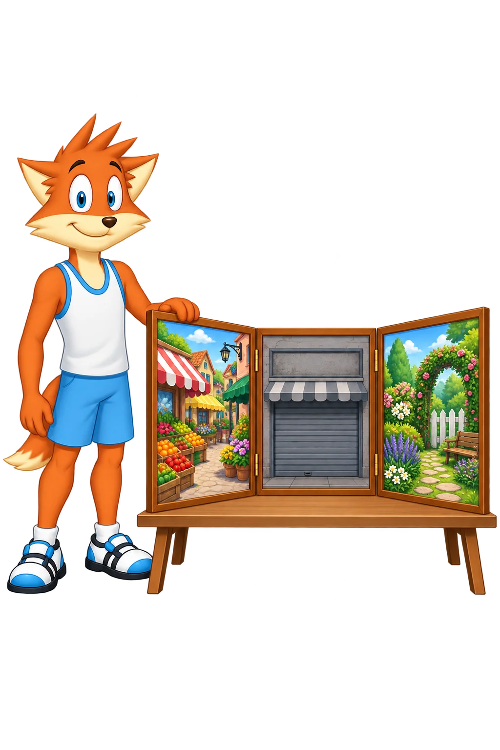 An orange adult stands beside three panels showing a market, a shuttered shop and a garden, resting one hand on the outside frame.