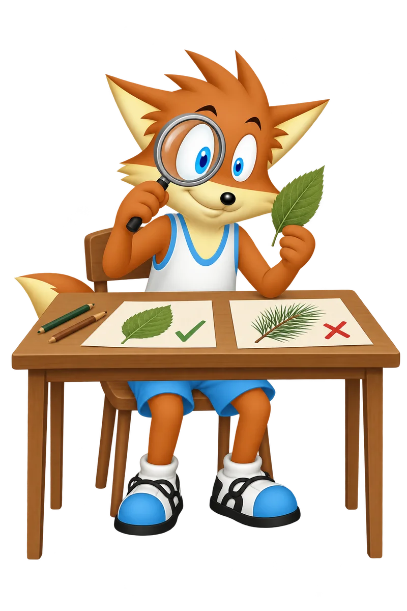 An orange character examines a leaf with a magnifying glass and compares it with two botanical sketches.