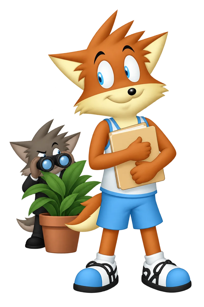 An orange character closes a folder against their chest while a nosy gray cat peers through binoculars behind a houseplant.