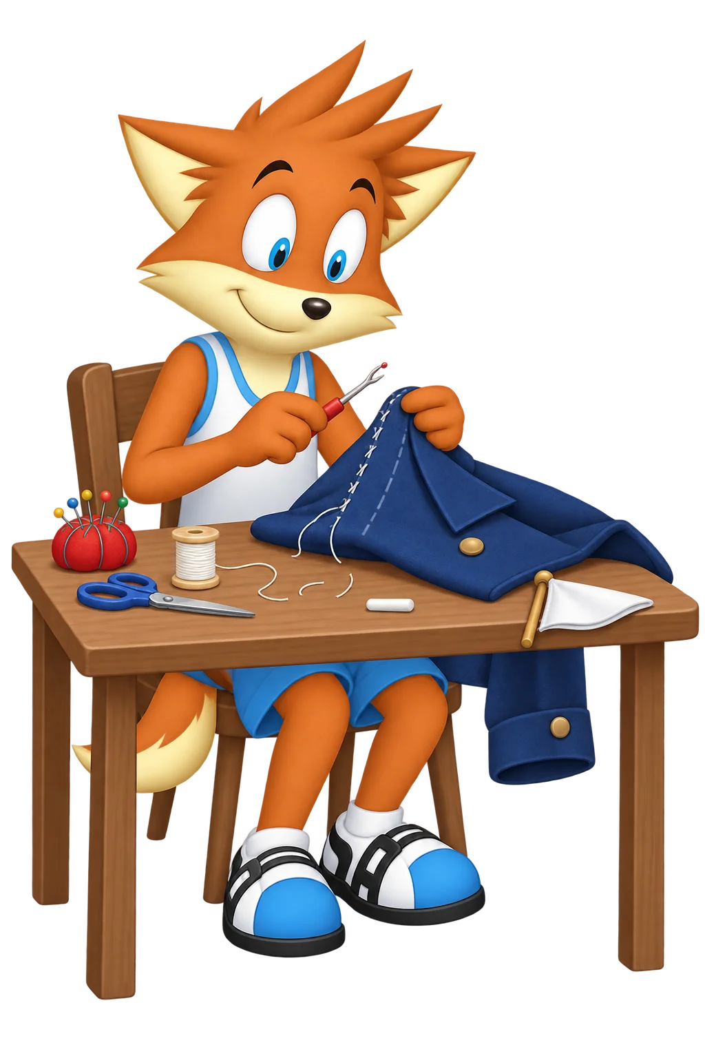 The orange mascot unpicks a short crooked seam in a blue coat beside a chalk guide and a folded white flag.