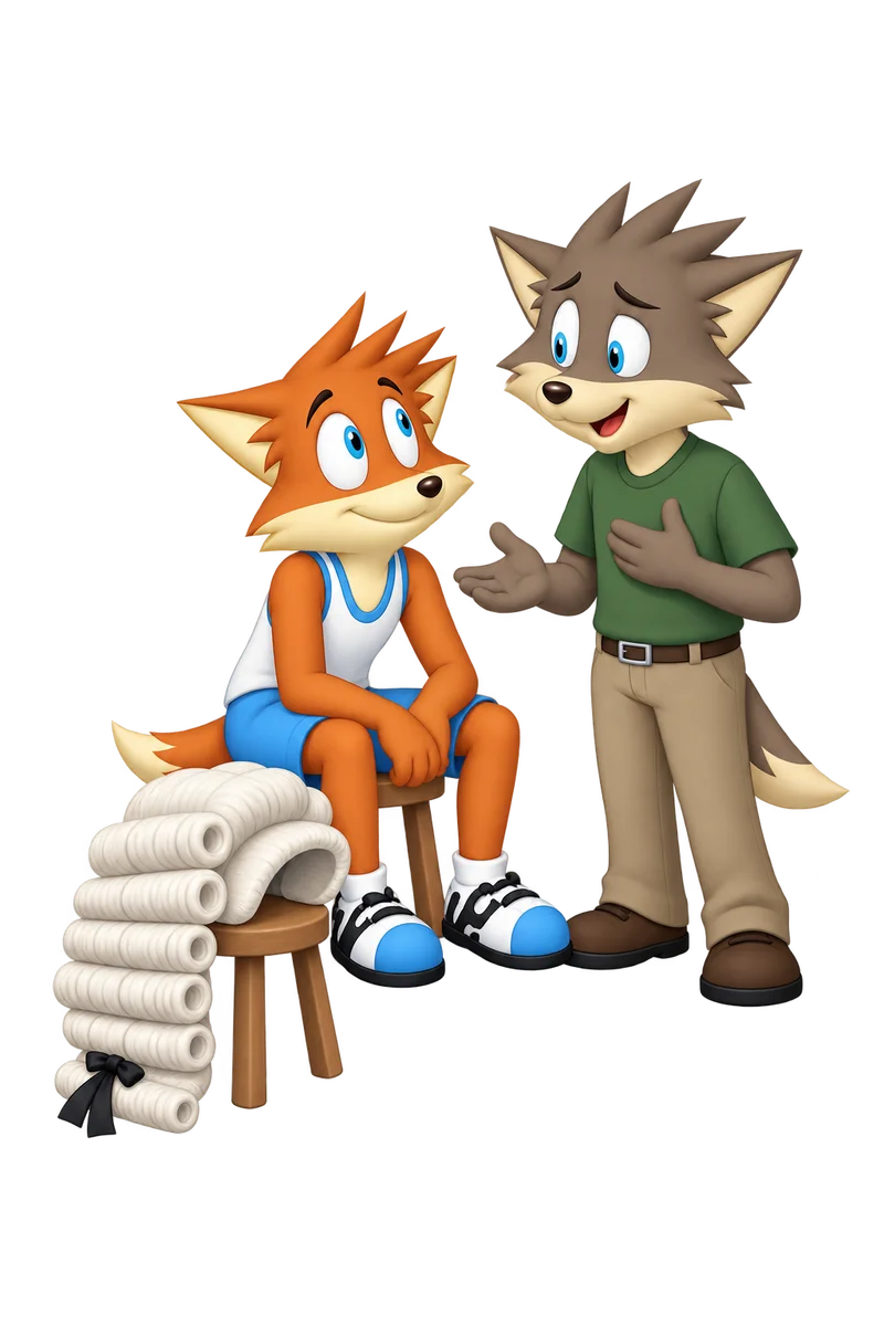 An orange adult listens to a friend while an enormous judge’s wig waits unused on a stool.