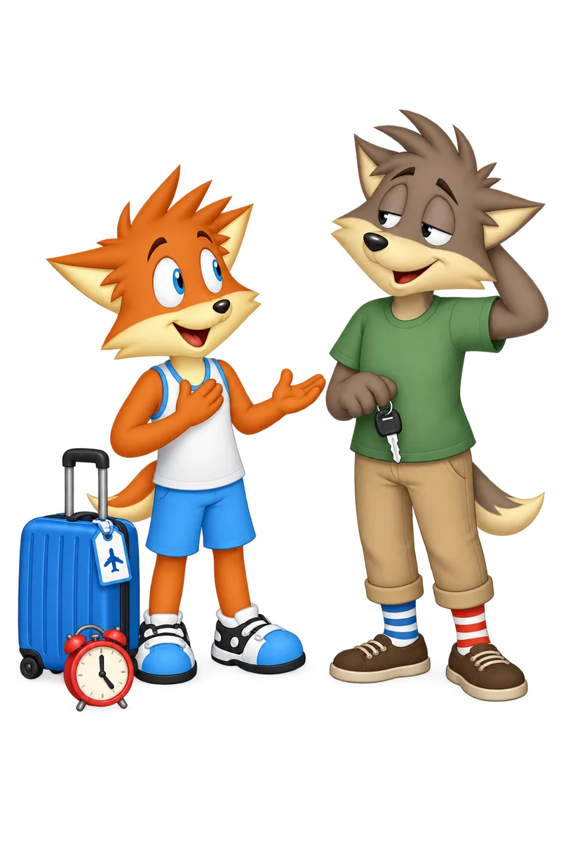 An orange traveler thanks a sleepy friend holding car keys; luggage, an early alarm clock and mismatched socks show the effort behind the ride.