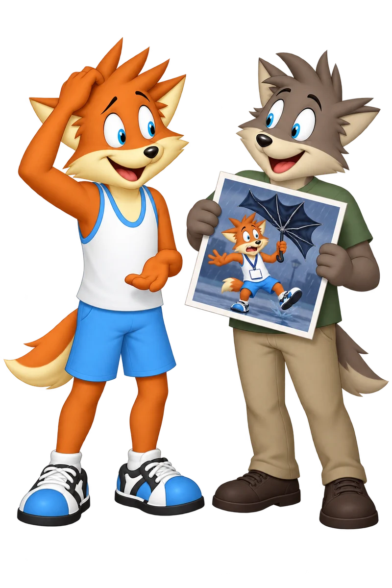 Two adult friends laugh over a photograph of the orange character struggling with an inside-out umbrella, correcting a grand memory of their first meeting.