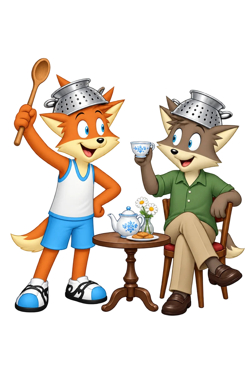 Two adult friends wear colanders as crowns and share tea, with a wooden spoon serving as a ceremonial scepter.