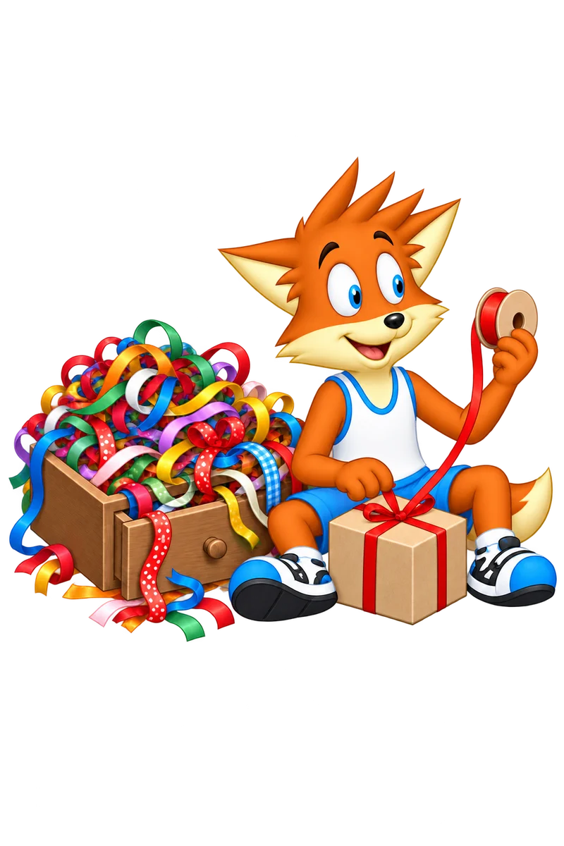 An orange character ties a parcel with one neatly wound ribbon beside a drawer overflowing with tangled ribbons.