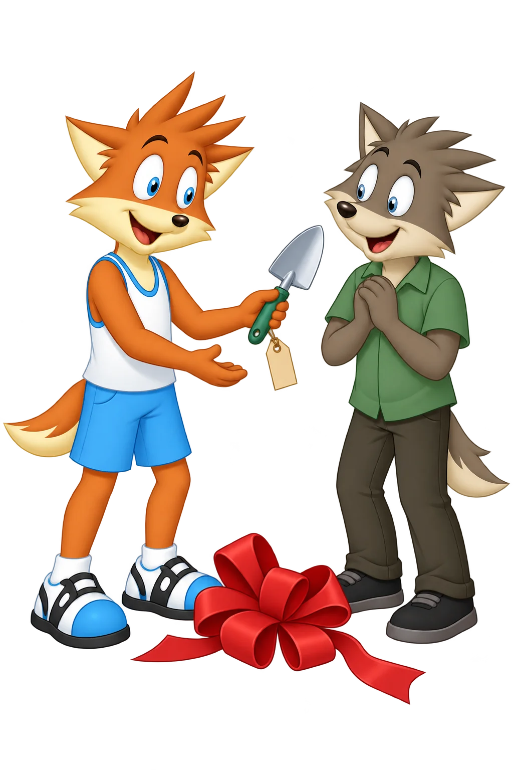 An orange adult offers a tagged hand trowel to a neighbor while an oversized gift bow lies unused at their feet.