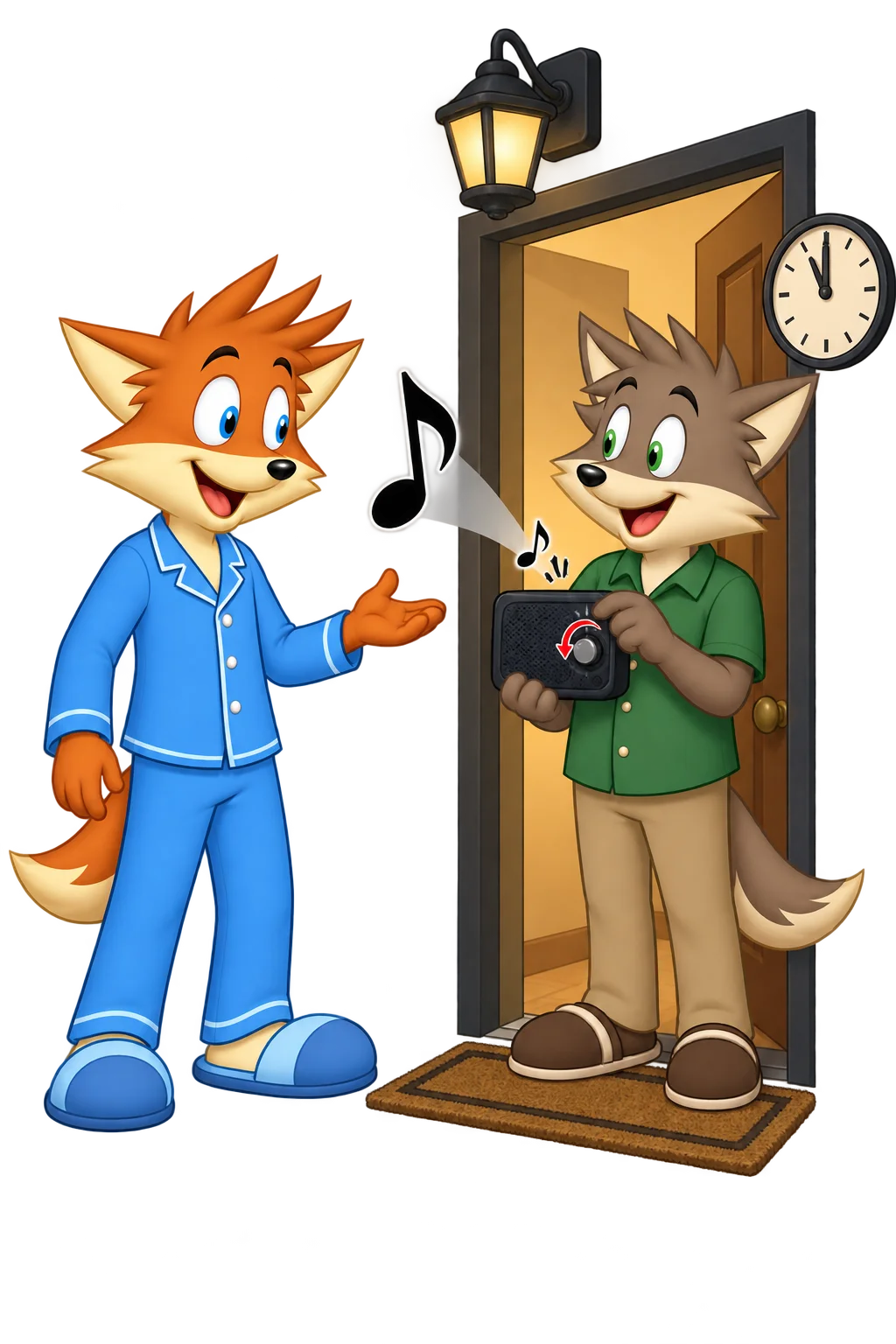 An orange adult in pajamas makes an open-handed request while a neighbor turns down a speaker at the door.