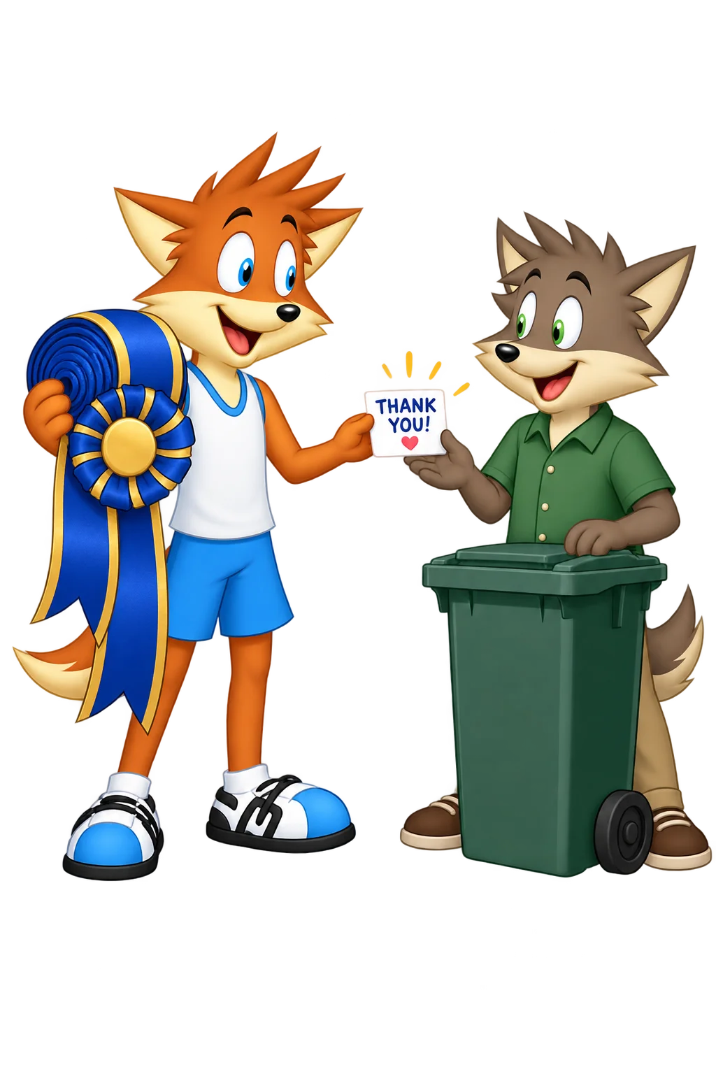 An orange adult offers a thank-you card beside a wheeled bin while holding an oversized rolled ribbon.