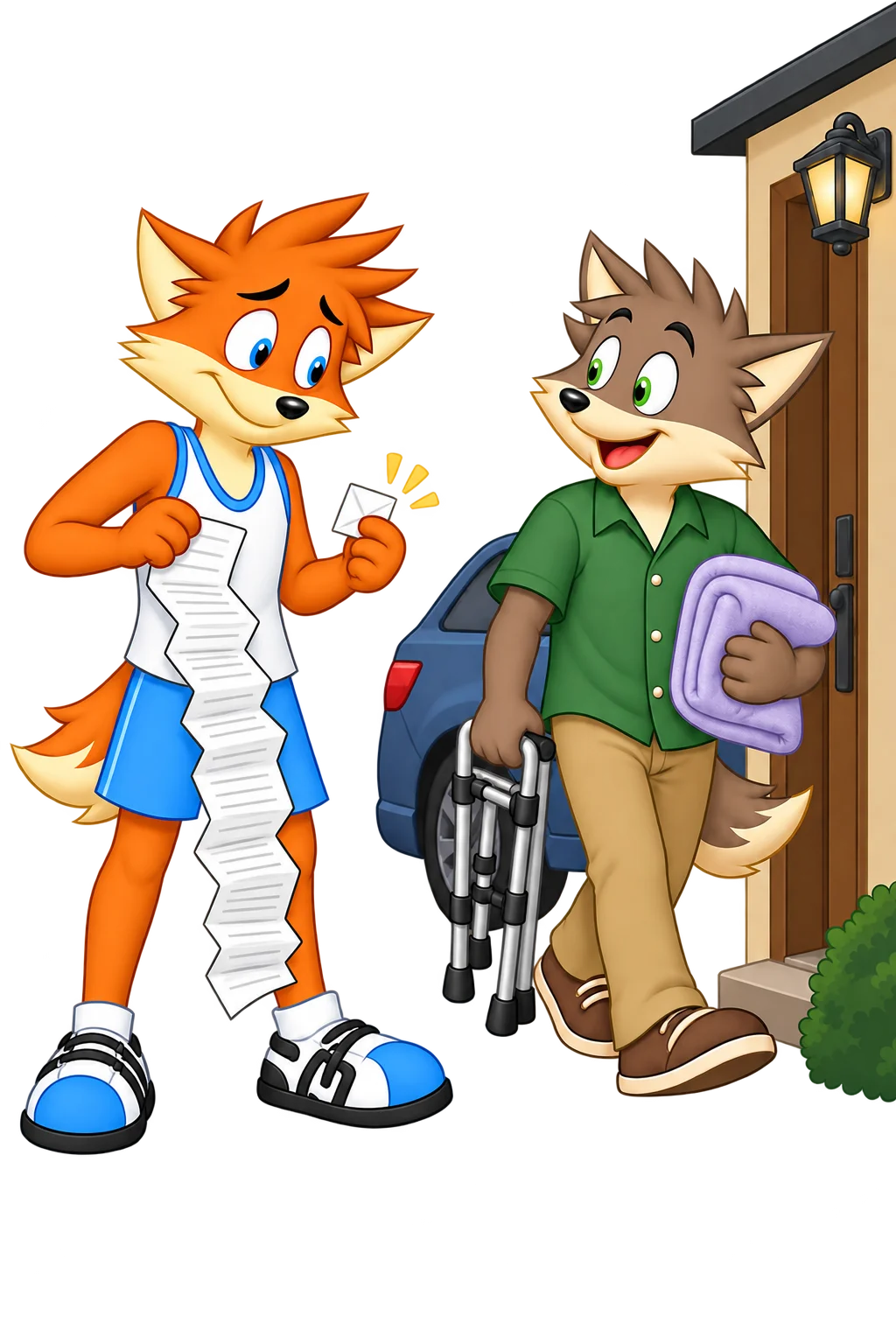 An orange adult holds a long complaint and a small folded note as a visitor carries a purple blanket and a walking aid beside a parked car.