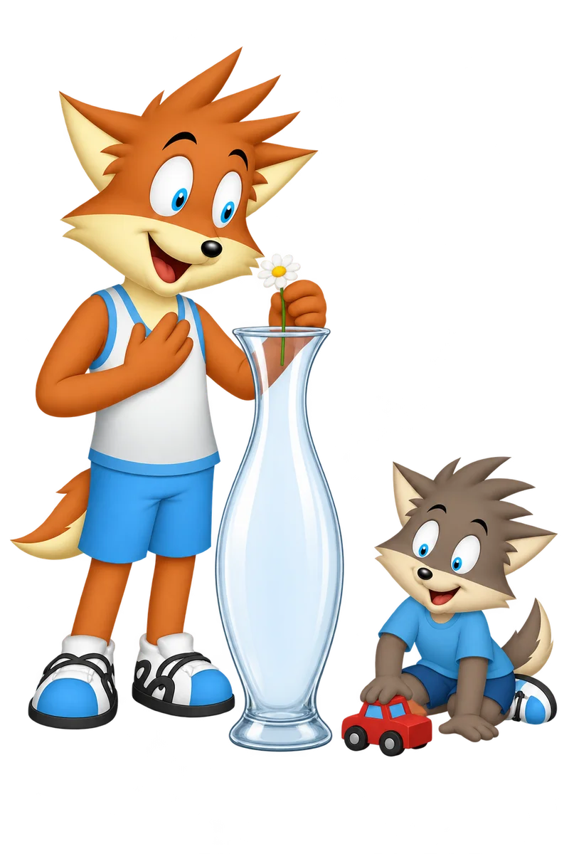 An orange parent treasures one small daisy in an enormous vase while a gray child returns to a toy car.