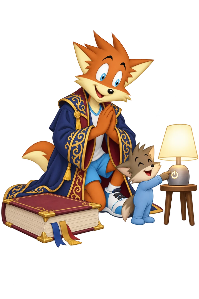 A small child shows an orange expert in an ornate robe the power button on a lamp, beside an enormous manual.