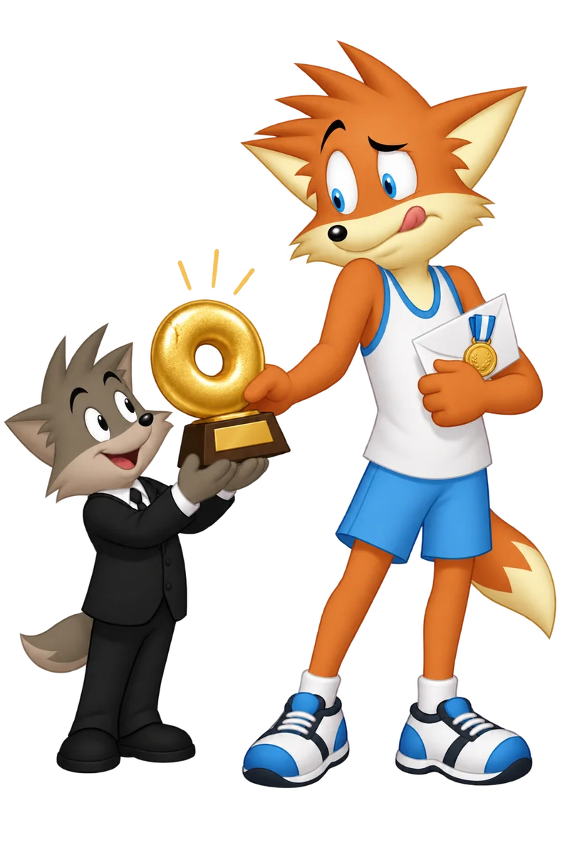 An orange adult offers a golden doughnut trophy back to an organizer while holding an envelope containing a medal.