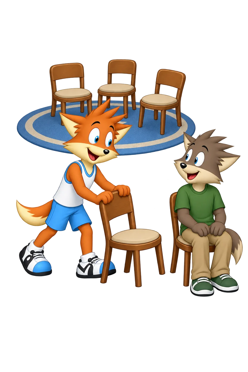 An orange adult moves a chair beside a friend who sits outside a neatly arranged circle of empty chairs.