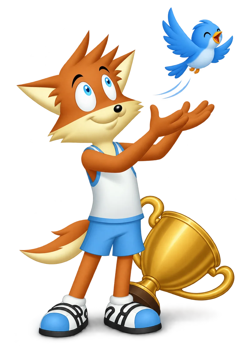 An orange character releases a small bird while a helper trophy remains unclaimed.