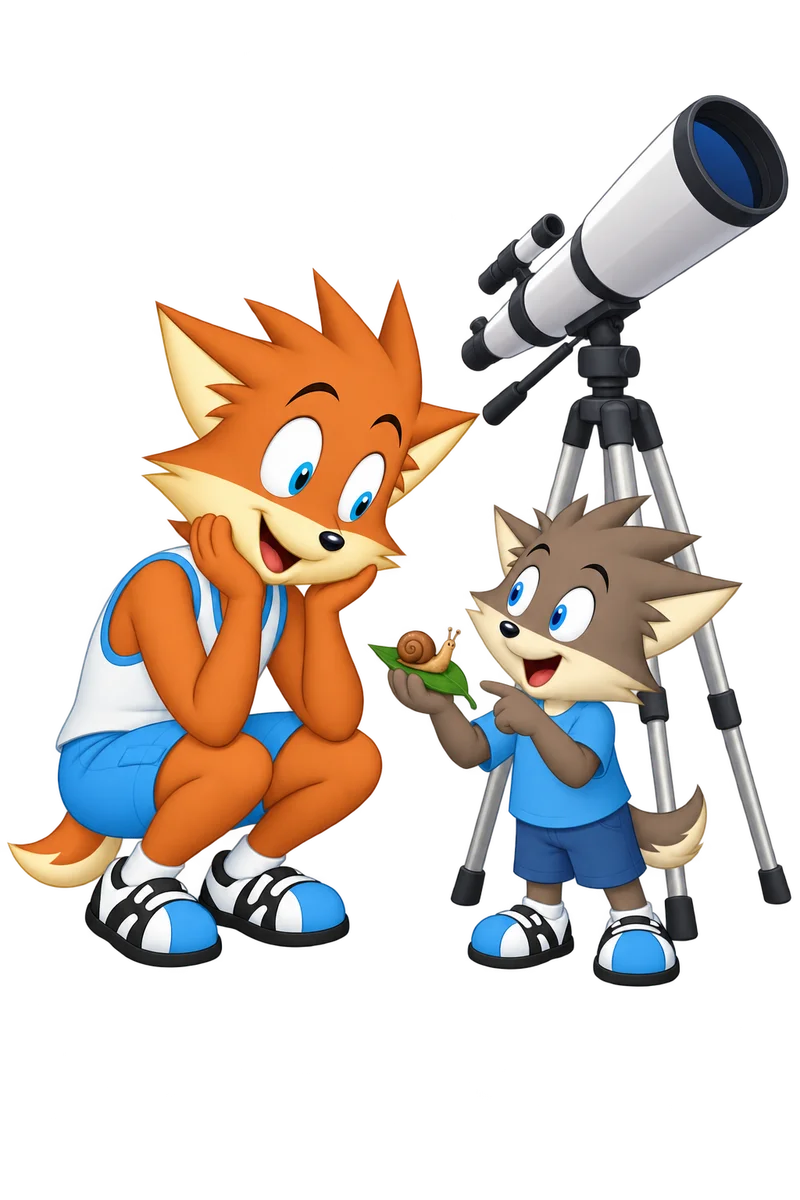 An orange parent listens to a gray child showing a snail on a leaf while an oversized telescope stands unused.