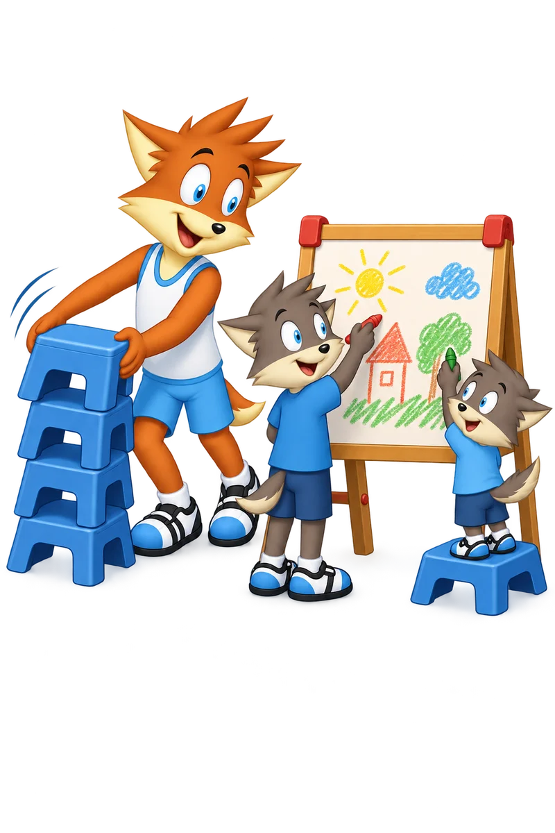 An orange parent removes a needless stack of steps while two gray children of different heights reach a drawing board with different support.