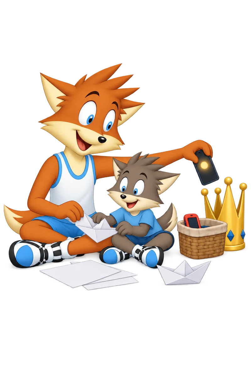 An orange parent puts their phone beside a toy phone in a basket during shared paper-boat making; a crown stands unused.