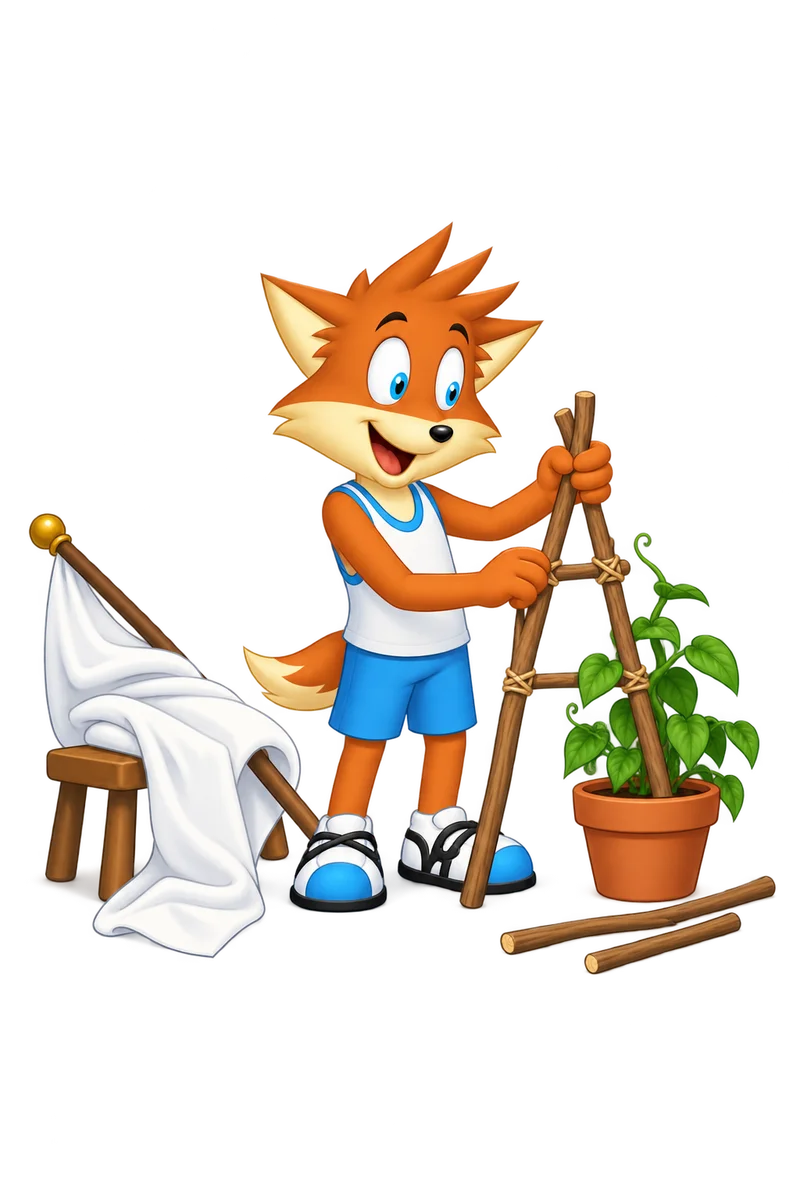 An orange character assembles a twig support beside a potted vine and fallen sticks while a large white flag rests on a stool.
