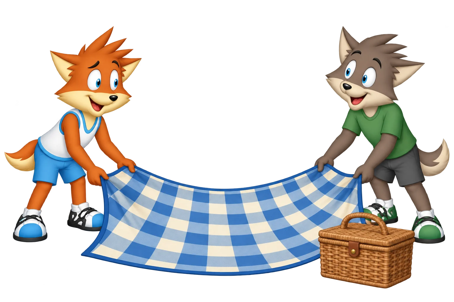 An orange adult and a grey-brown companion spread a picnic blanket beside a basket.