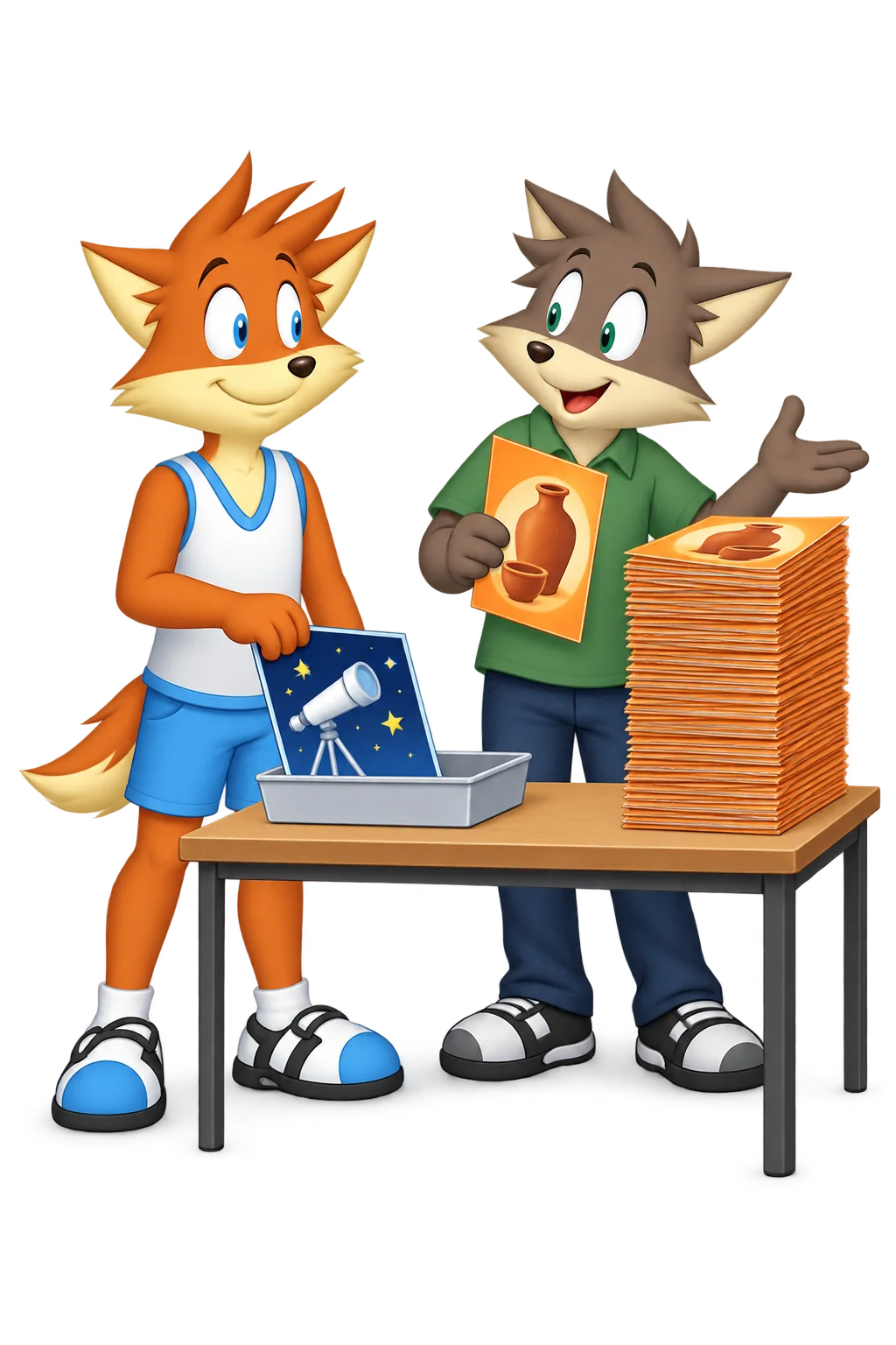 An orange adult places a telescope brochure in a tray while a grey-brown adult holds a pottery brochure beside a tall stack of matching brochures.