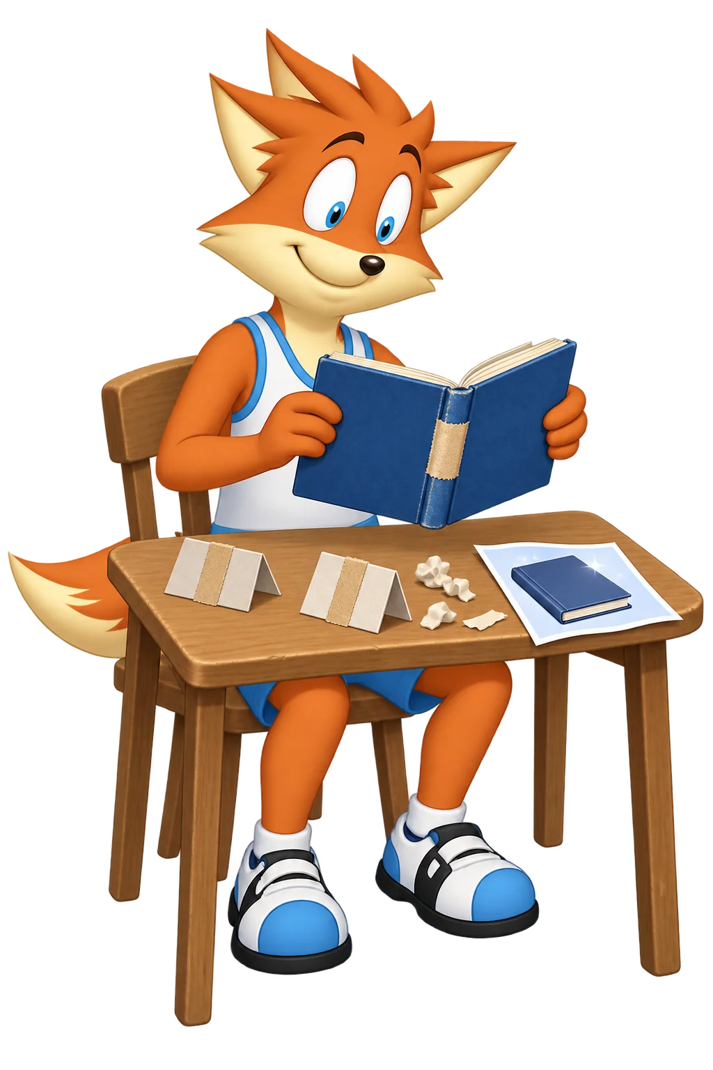 An orange adult opens a blue book with a tan patch on its spine, beside folded practice pieces, crumpled scraps and a leaflet showing a new book.