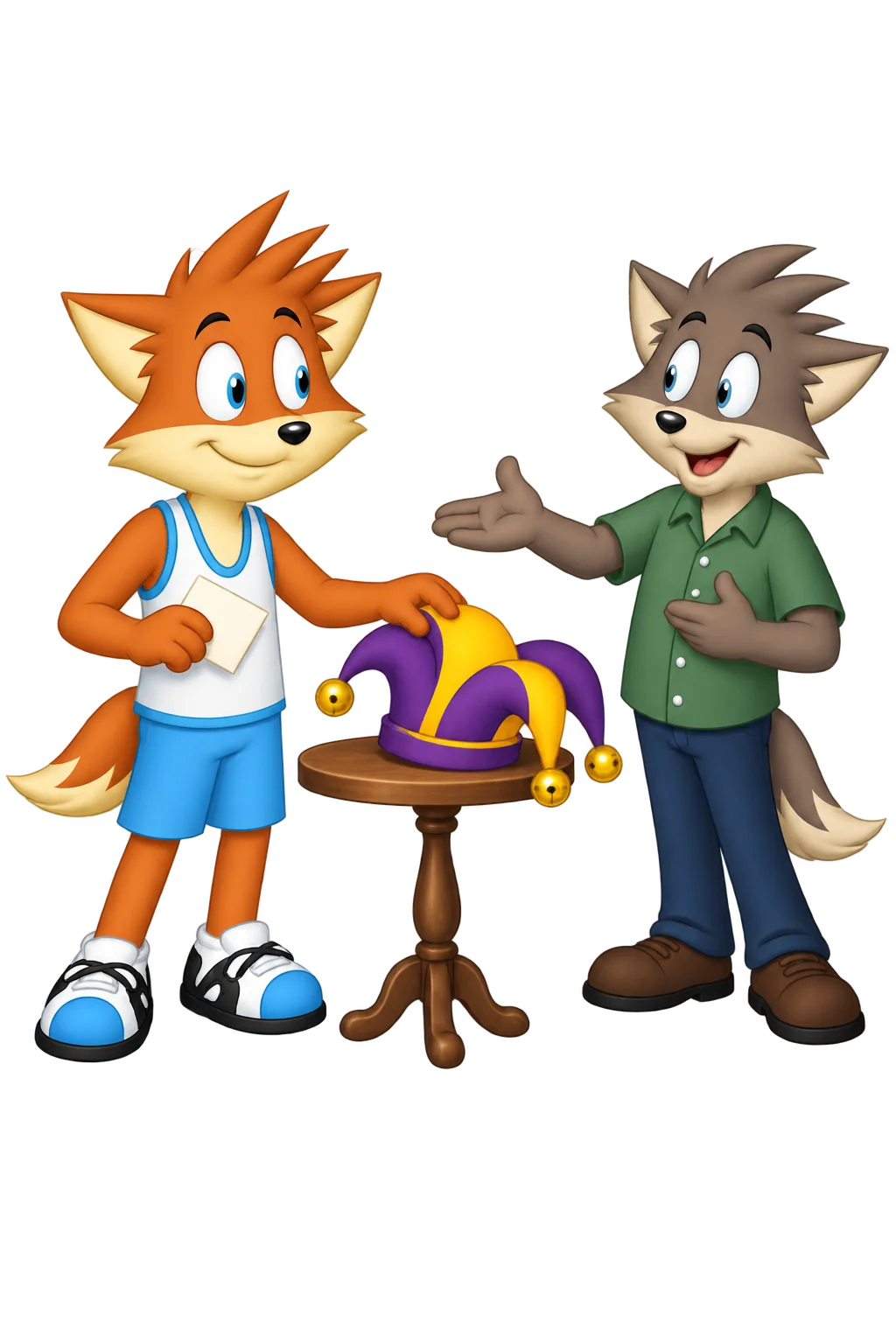 An orange adult holds an invitation and rests a hand on a jester cap on a small table while a grey-brown host gestures with an open palm.