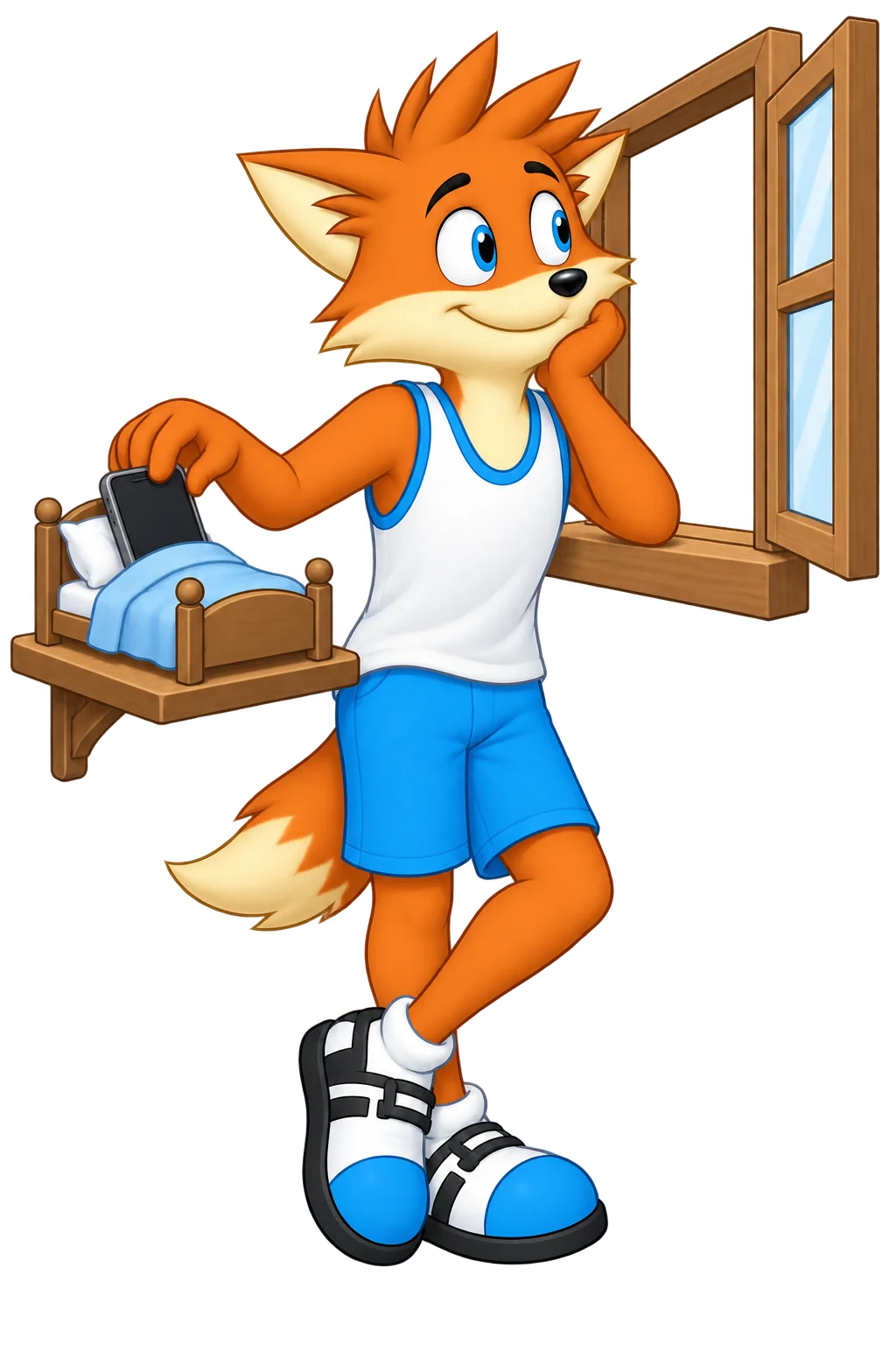 An orange adult rests a hand on a phone in a miniature bed beside an open window.