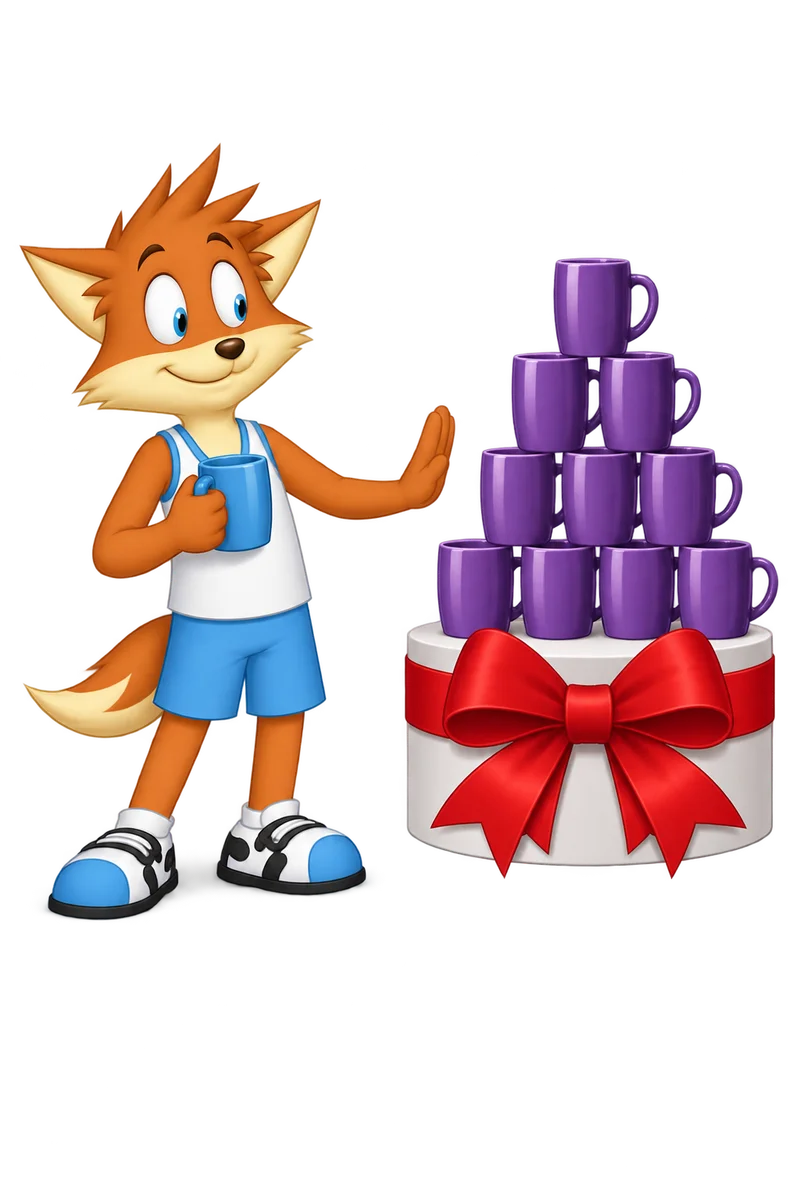 An orange character holds a blue mug and declines a tall display of purple mugs wrapped with an enormous bow.