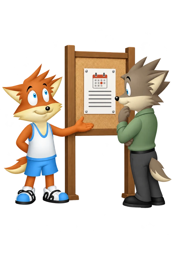 Beside a public notice board, the orange adult makes room for the gray adult to read the notice.