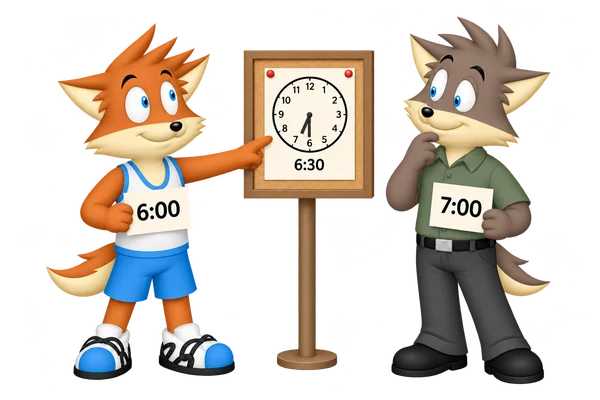 The adults hold cards showing 6:00 and 7:00 while the orange adult points to an original notice showing 6:30.
