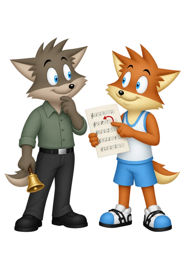 The orange adult points to a restart cue on a music sheet while the gray adult holds a small bell.