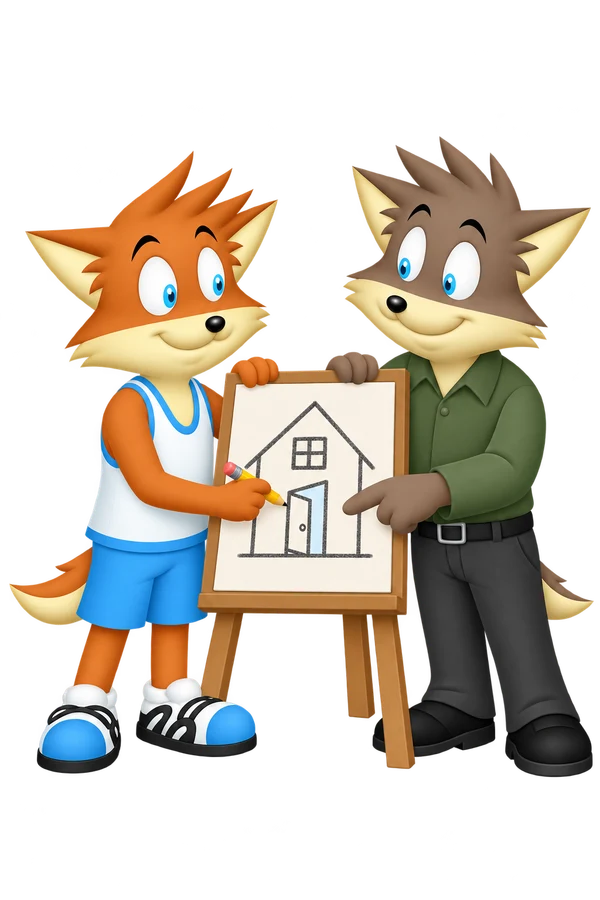 The orange adult revises a doorway in a small house drawing as the gray adult points to the opening.