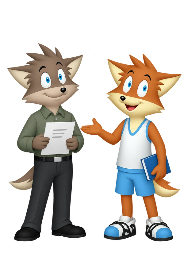 The orange adult introduces the gray adult holding a reading sheet, while keeping its own closed blue book at its side.