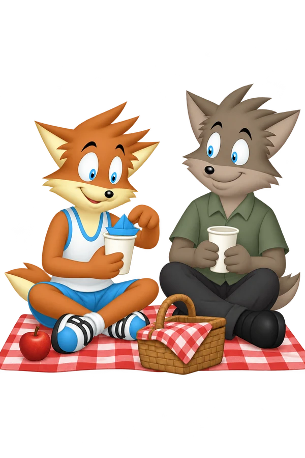 On a picnic blanket, the orange mascot puts a small blue paper hat on its own cup while the gray adult’s cup stays plain.