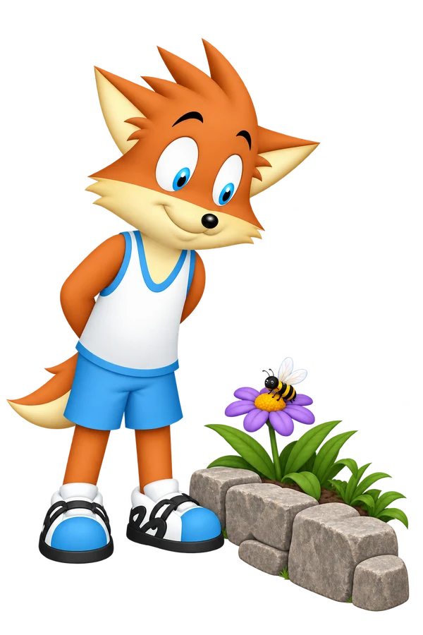 The orange adult pauses beside a rooted purple flower visited by a bee, with hands behind its back.
