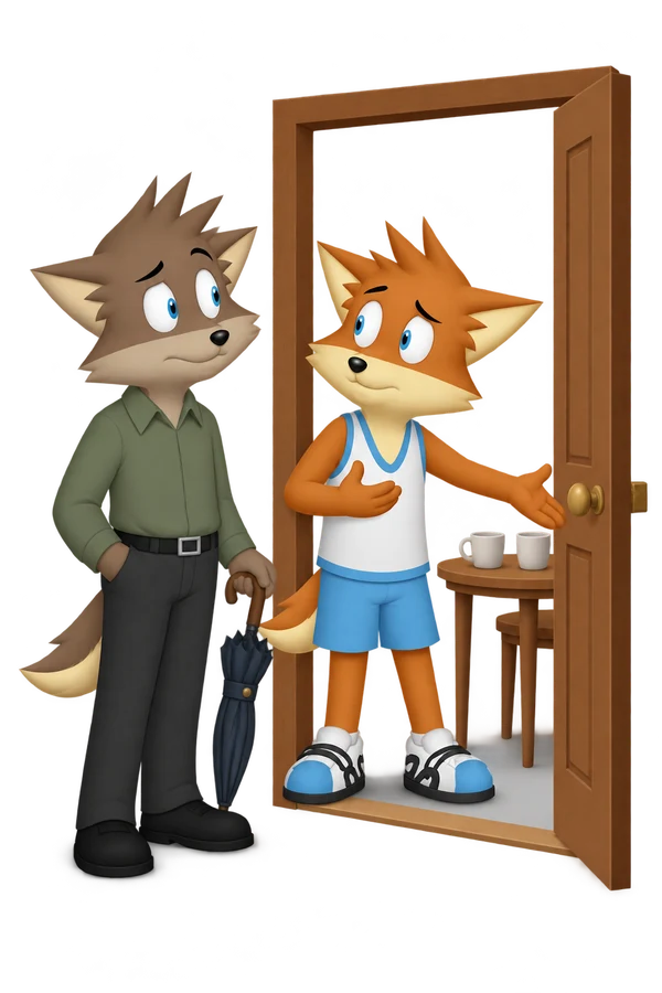 At a doorway, the orange adult gestures toward two cups while the gray adult holds a folded umbrella.