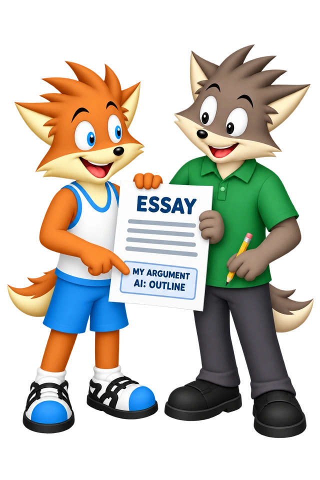 An adult student points out an essay credit reading “My argument / AI: outline” to a teacher.