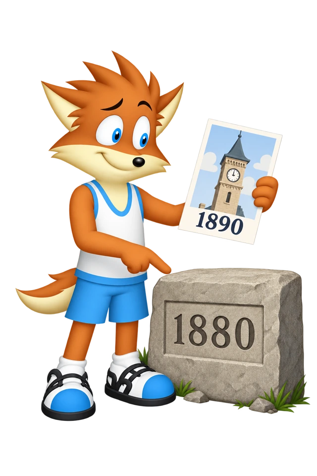 The mascot compares a tower illustration dated 1890 with a foundation stone dated 1880.