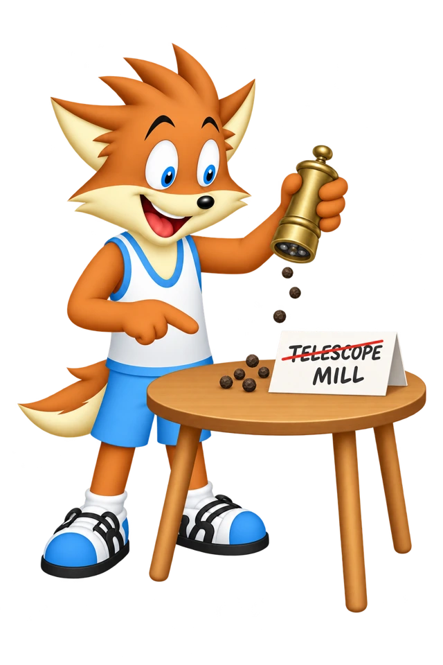 Peppercorns fall from a brass object as the mascot corrects its label from TELESCOPE to MILL.