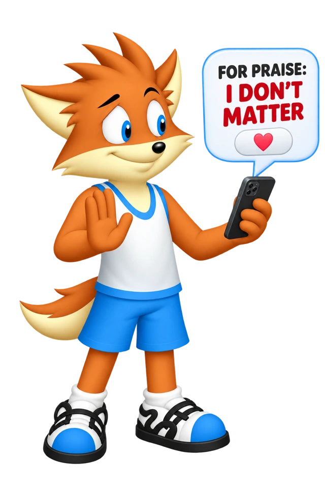 The mascot holds a phone away and raises a refusing palm toward its message, “For praise: I don’t matter.”