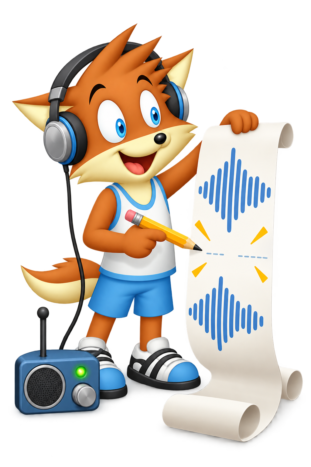 Wearing headphones, the mascot points a pencil at a blank gap between two groups of marks on a paper strip.