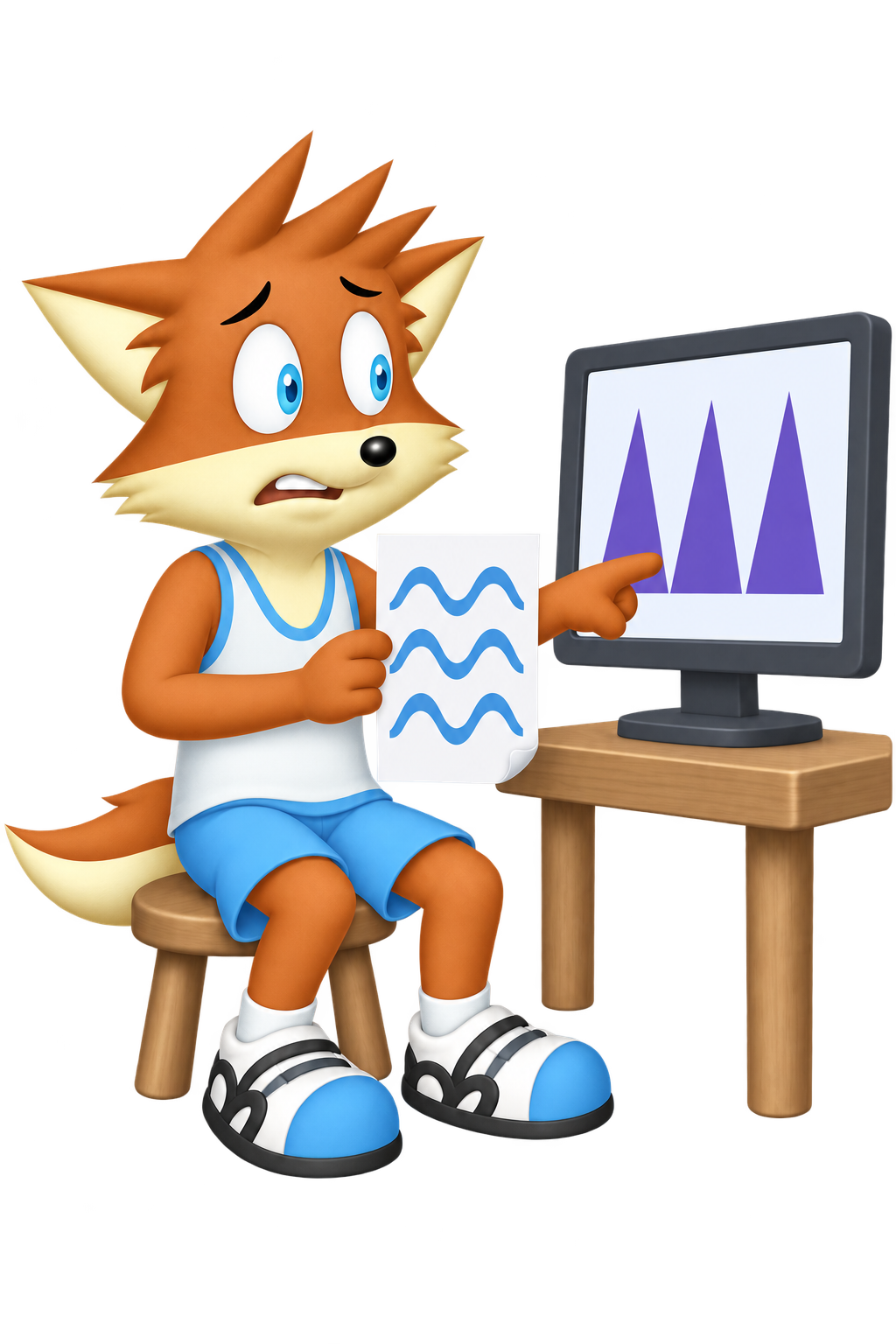 The worried mascot holds an upright printout with blue waves beside a screen of violet spikes; the shirt remains plain white.