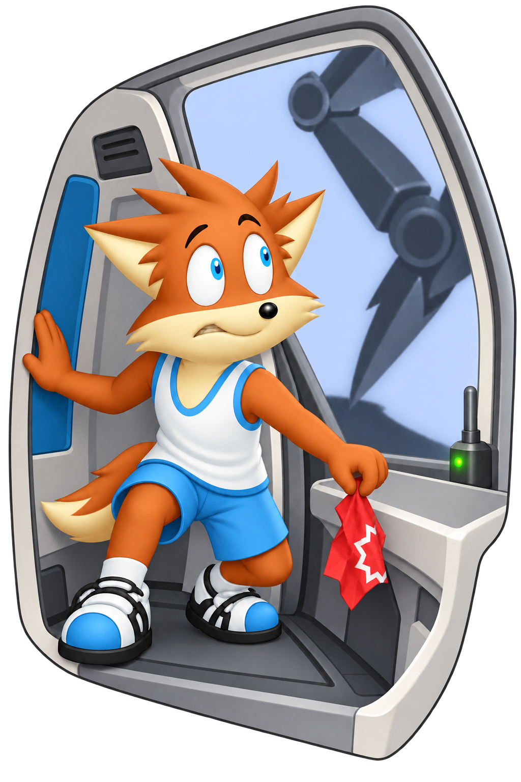 Inside a shuttle doorway, the mascot holds a crumpled red message away from the transmitter while a large jointed form looms outside.